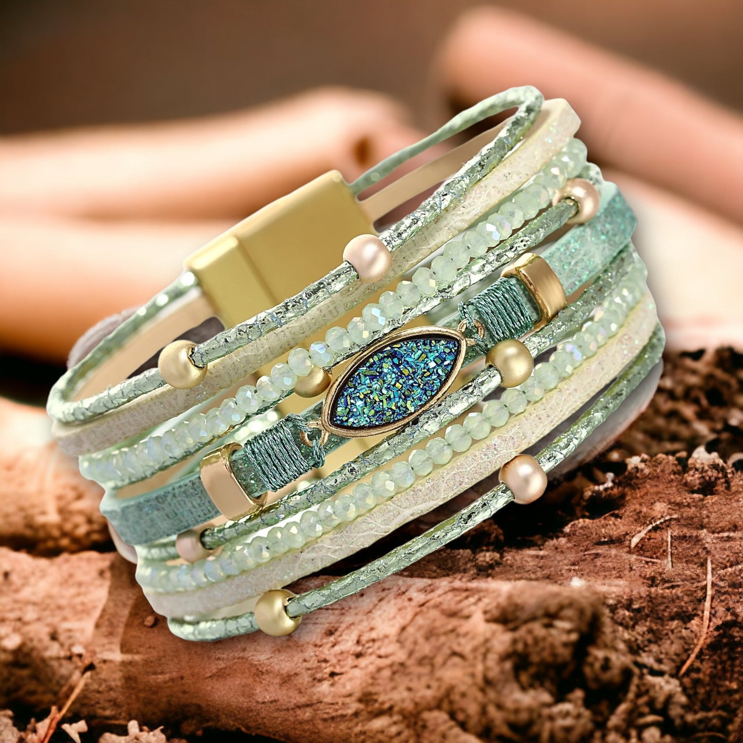 Multilayer armband met kralen en glittersteen