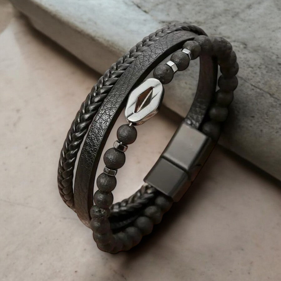 Multilayer herenarmband met zwarte ruit