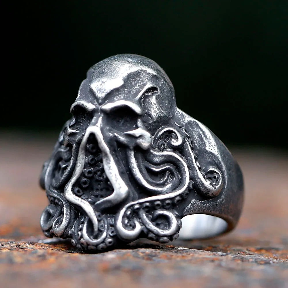 Stalen herenring met Skull-octopus