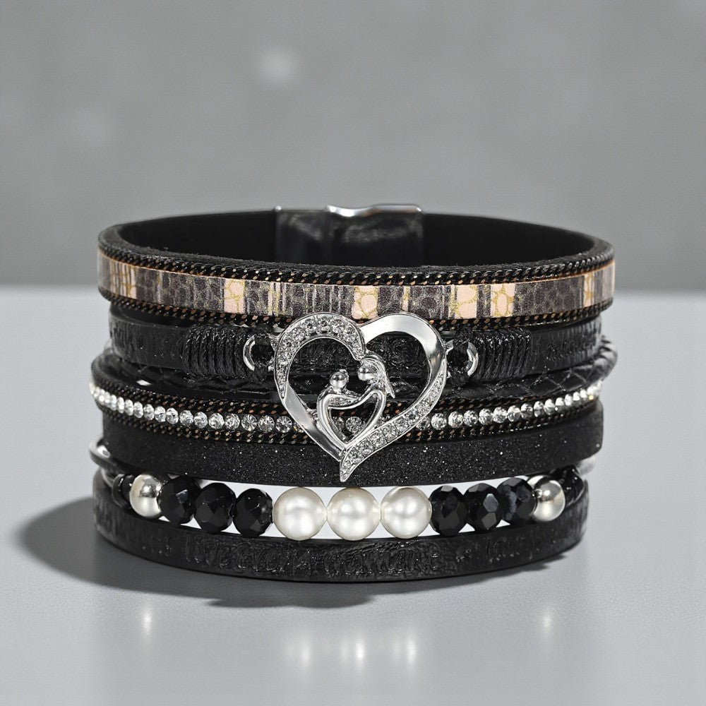 Bredere multilayer lederen armband met verschillende texturen, hartje en kralen