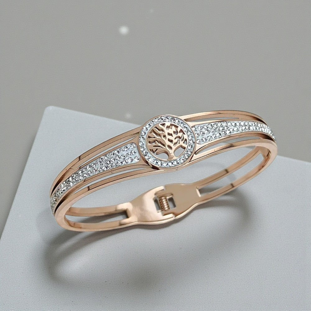 Stijve cliparmband met levensboom en strassteentjes