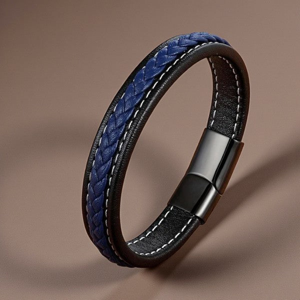 Lederen herenarmband met vlecht en stiksel