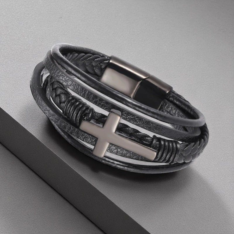 Multilayer herenarmband met groot kruis zwart