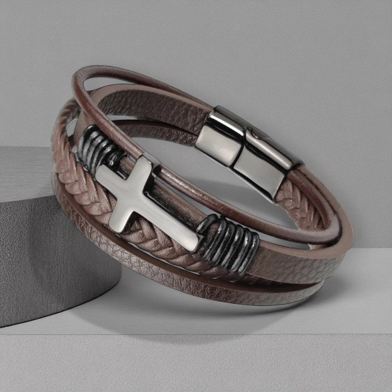 Multilayer herenarmband met groot kruis zwart