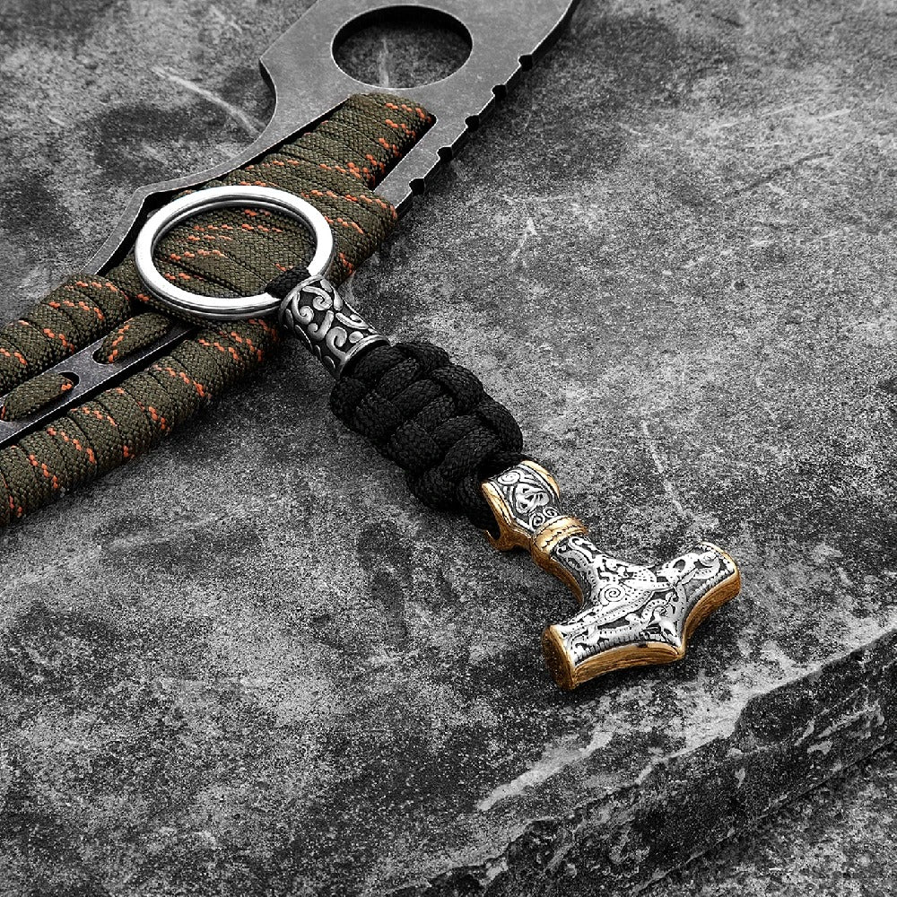 Viking sleutelhanger met Thor's hamer en zwart touw