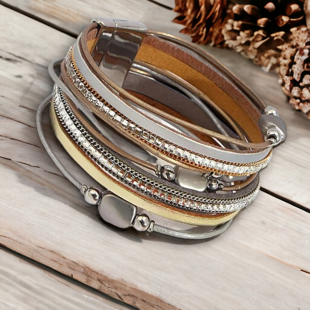 Multilayer lederen armband met strassteentjes en kralen
