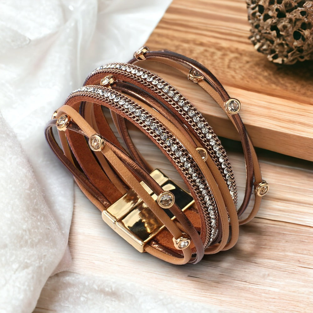 Multilayer lederen armband met strassteentjes