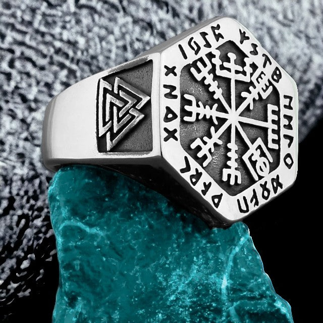 Hexagon herenring met Viking kompas