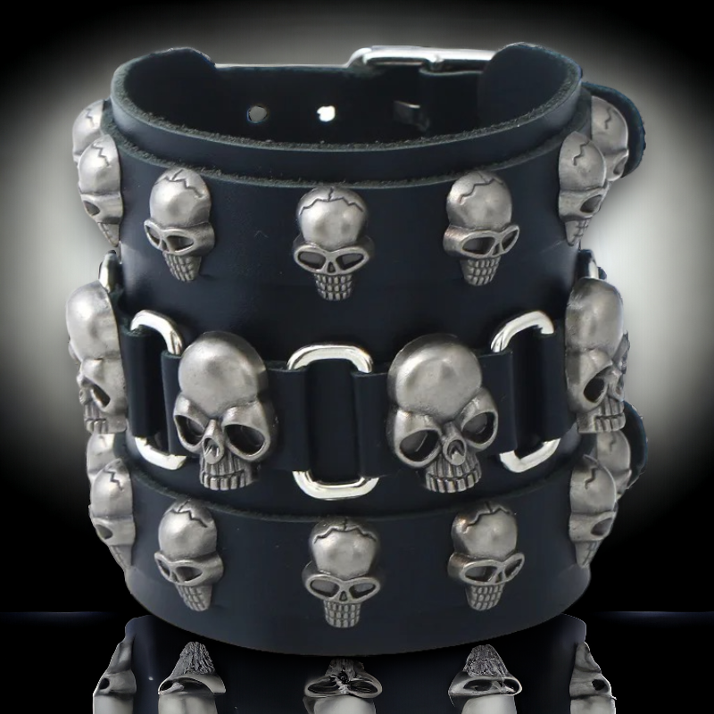 Brede zwarte lederen herenarmband met dubbele gespsluiting, 3 rijen schedels en schakels