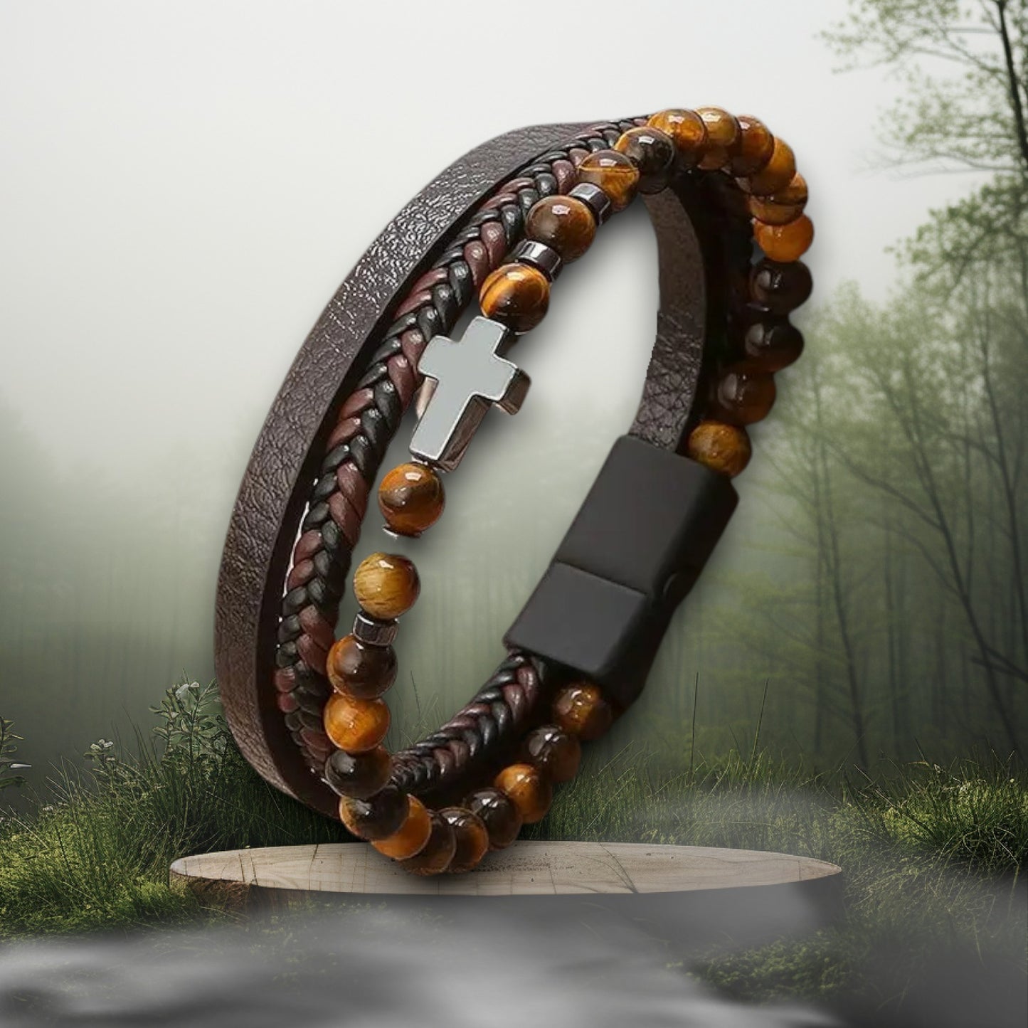 Multilayer herenarmband met parels en zwart kruisje