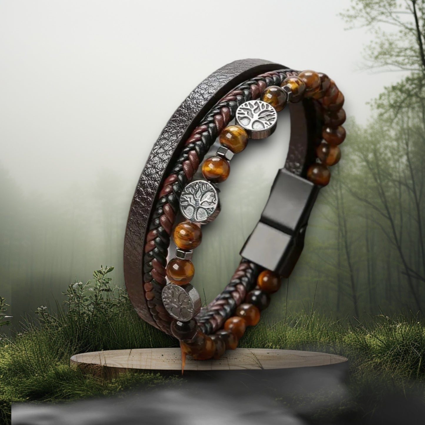 Multilayer herenarmband met 3 levensboomparels