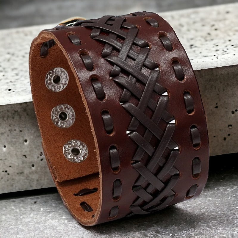 Lederen armband met geweven lederen koord