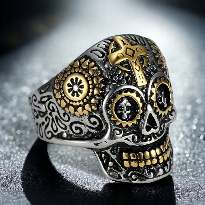 Gothic Day of the Death Skullring met goudkleurige accenten