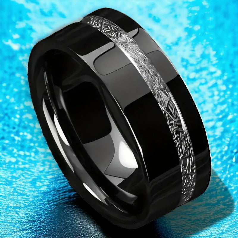 Zwarte stalen herenring met blinkend strookje