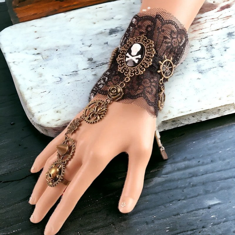 Neo-Gothic zwart kanten polsstuk met Skulls en radertjes