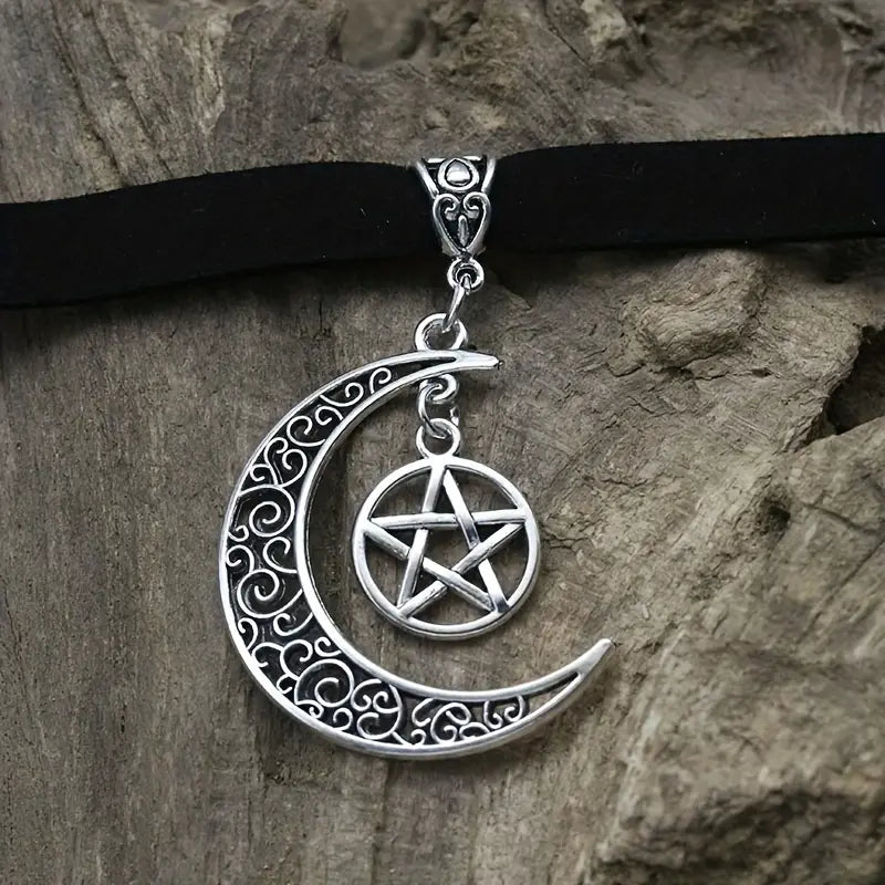 Zwarte Gothic lintchoker met Pentagram/Moon hanger