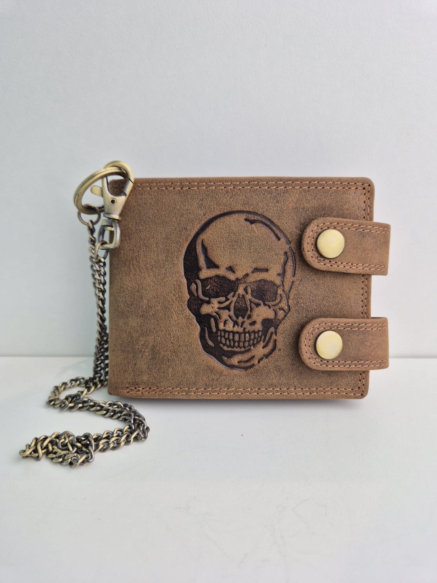 Platte lederen portefeuille met Skull tekening, gespsluiting en broekketting