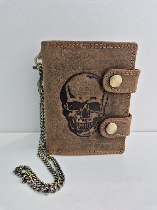Rechte lederen portefeuille met Skull tekening, gespsluiting en broekketting