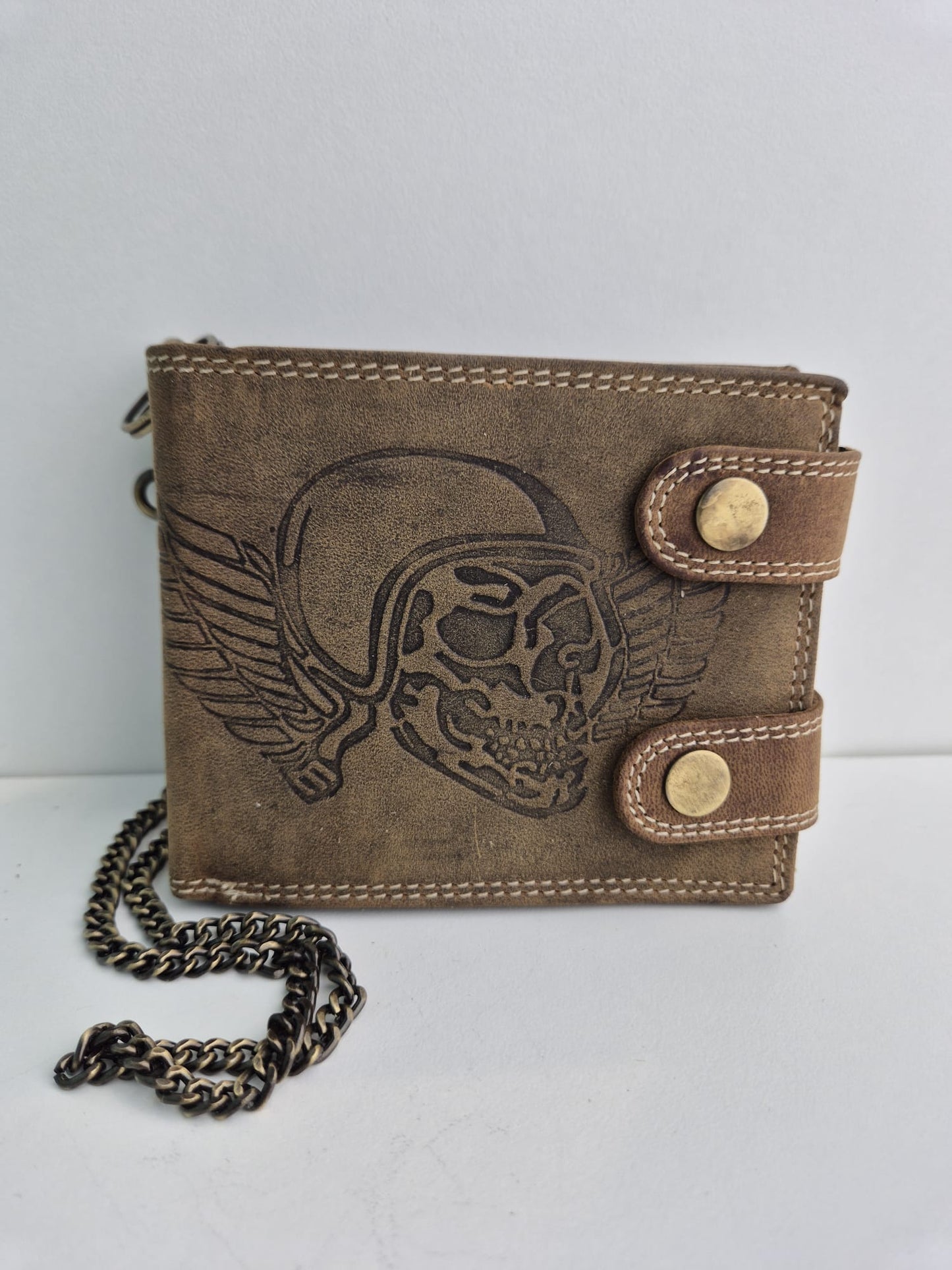 Lederen herenportefeuille met Skull met helm en vleugels