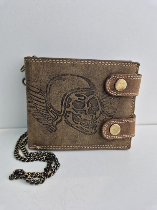 Lederen herenportefeuille met Skull met helm en vleugels
