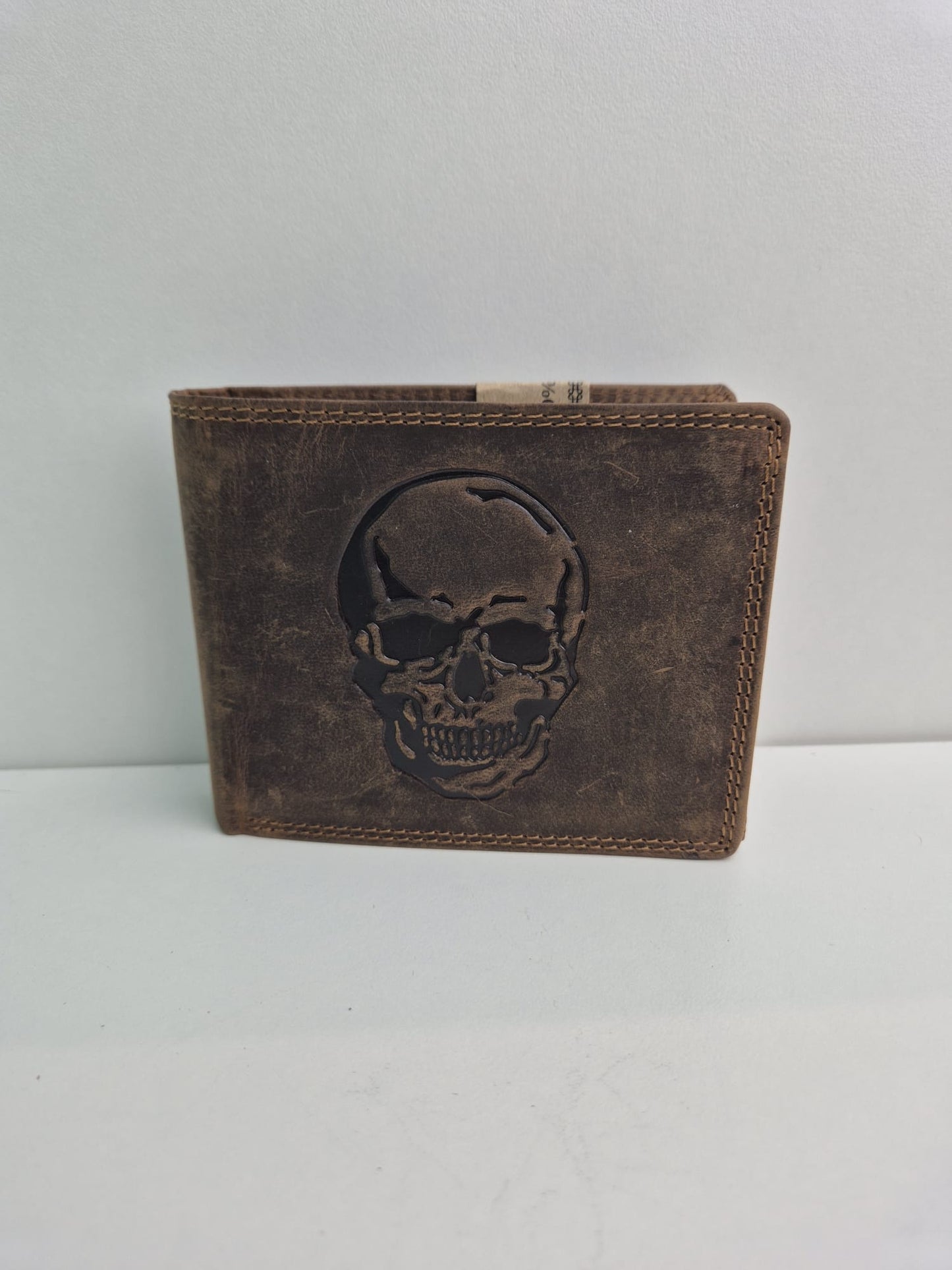Lederen herenportefeuille plat model met afbeelding van Skull
