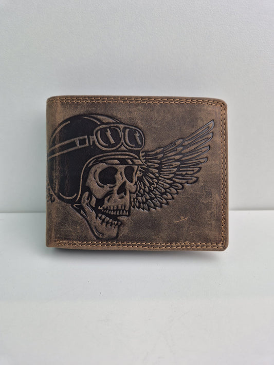 Lederen herenportefeuille met Skull, helm en vleugels