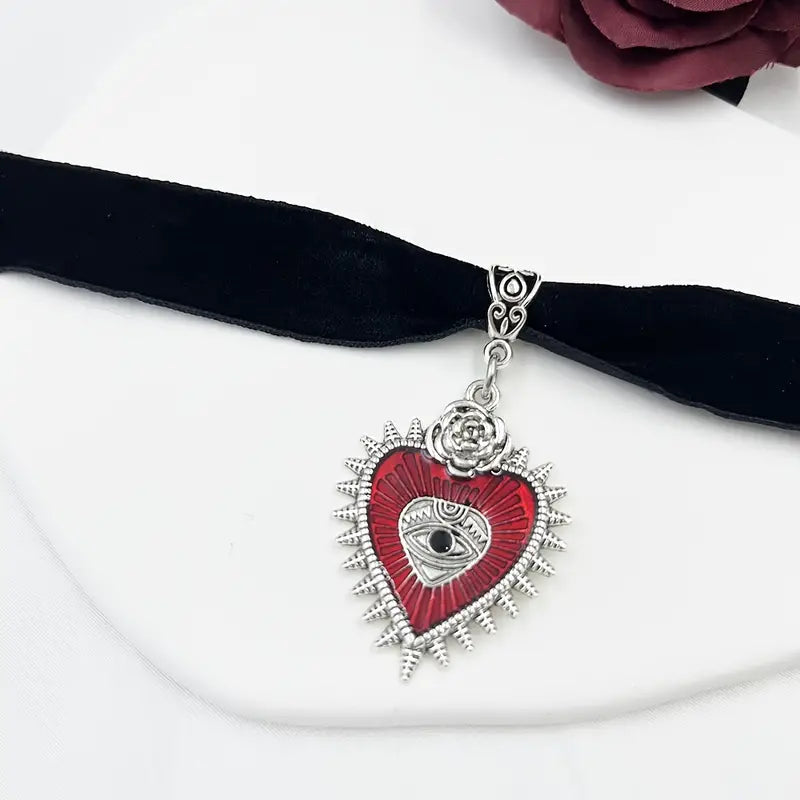 Zwarte Gothic lintchoker met rood hart met oog en roosje