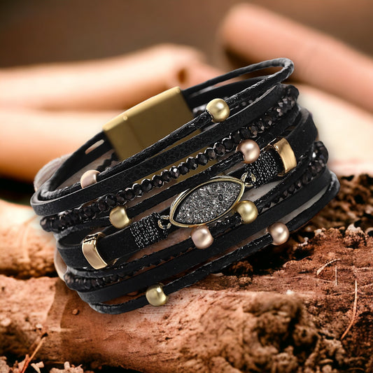 Multilayer armband met kralen en glittersteen