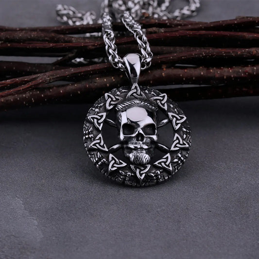 Viking Halsketting met Skull en cirkel met Valknuts