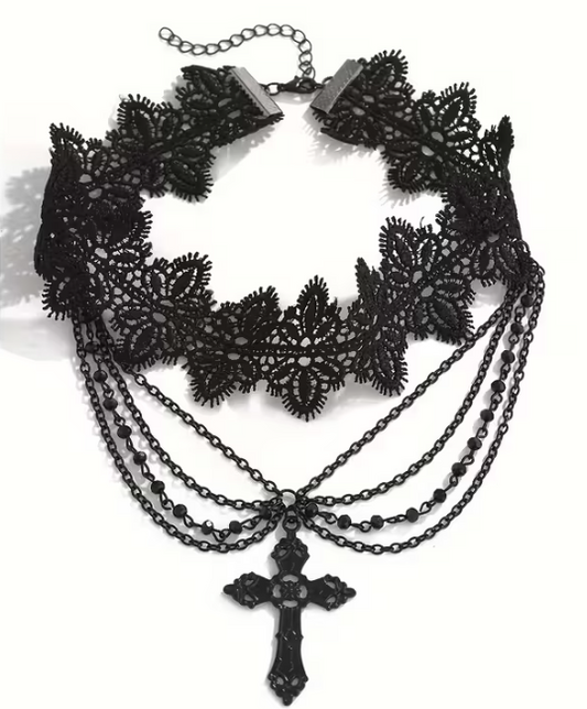 Gothic kanten choker met kruisje en kettingen