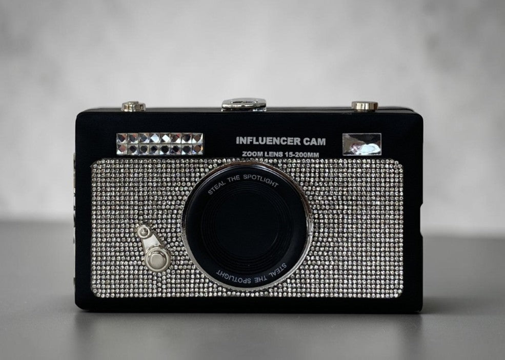 Kleine clutch handtas in de vorm van een camera, met strassteentjes