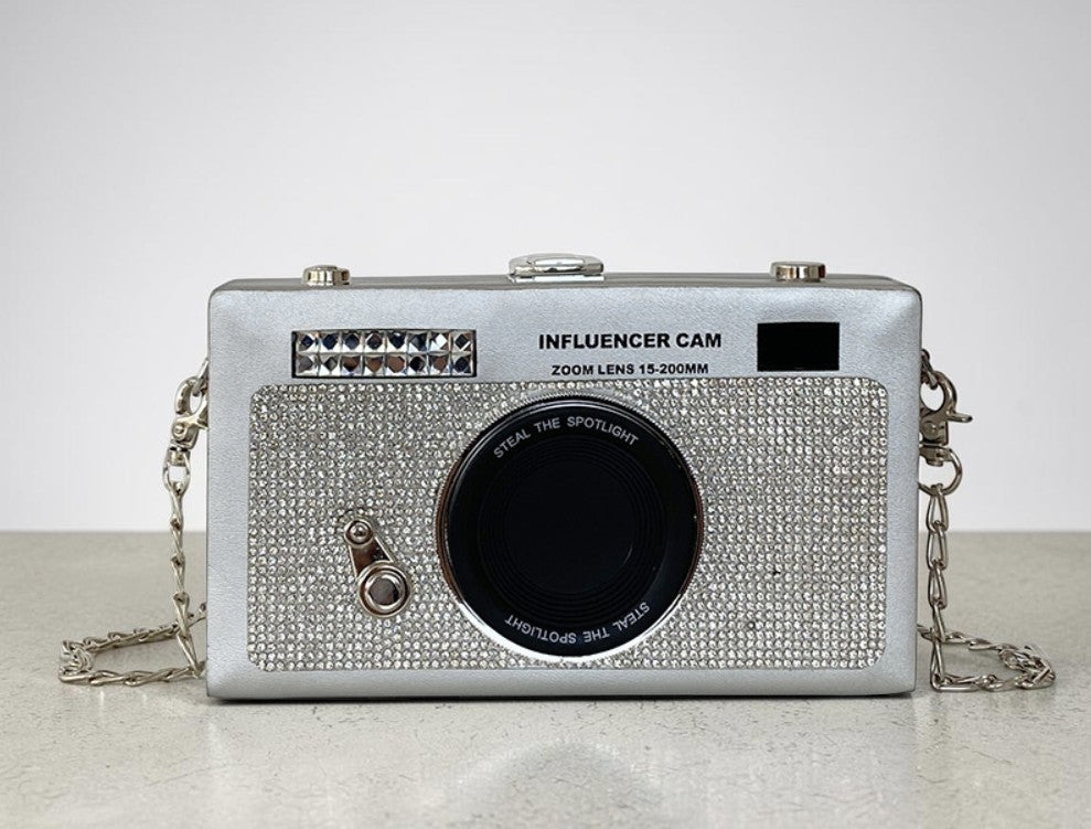 Kleine clutch handtas in de vorm van een camera, met strassteentjes