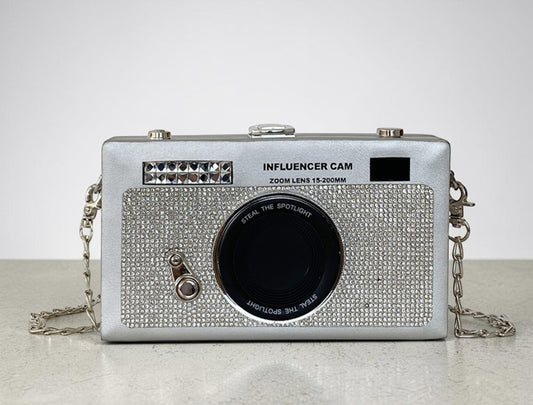 Kleine clutch handtas in de vorm van een camera, met strassteentjes