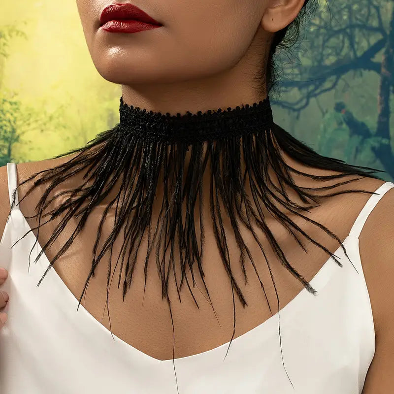 Zwarte kanten choker met fijne veertjes