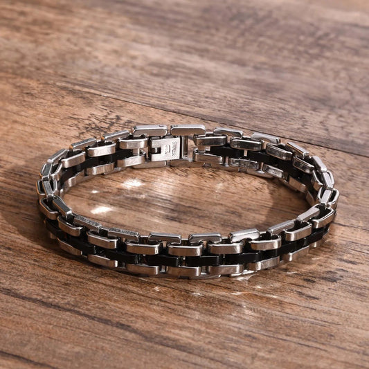 Steel unisex bracelet with silver-tone and black links