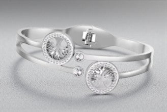 Stijve damesarmband met twee levensboomjes en strassteentjes