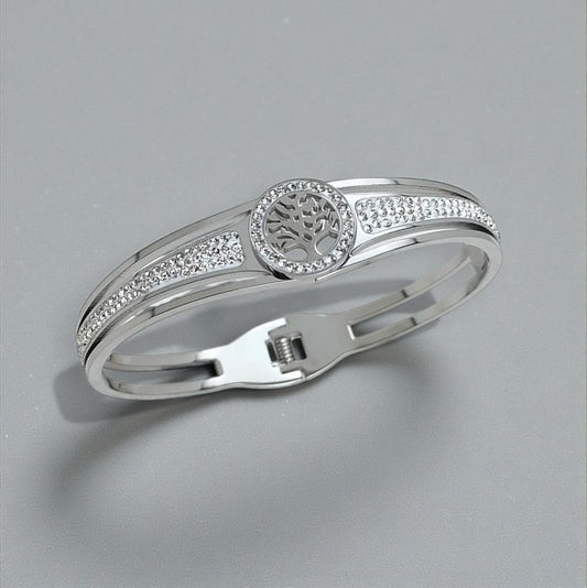 Stijve cliparmband met levensboom en strassteentjes