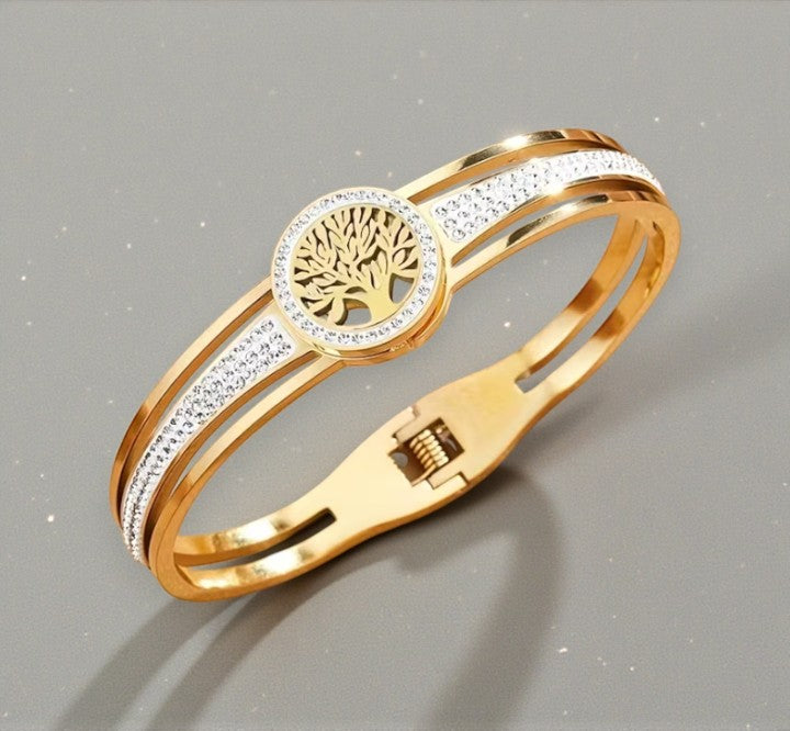 Stijve cliparmband met levensboom en strassteentjes