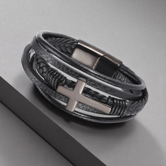 Multilayer herenarmband met groot kruis zwart