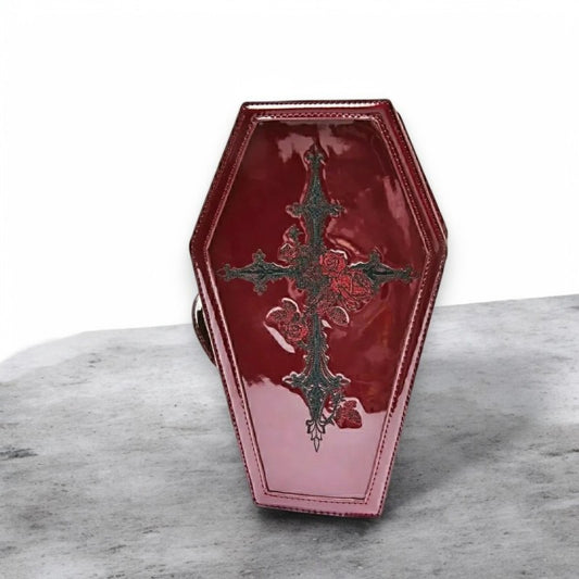Rode coffin handtas met kruis en rozen