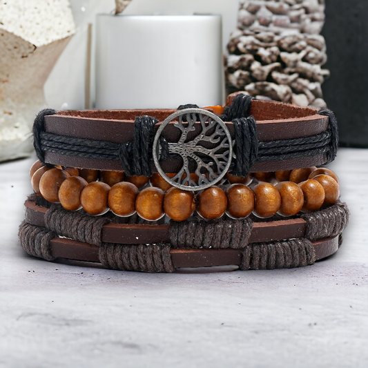 Set van 3 aanpasbare bruine armbanden met levensboom