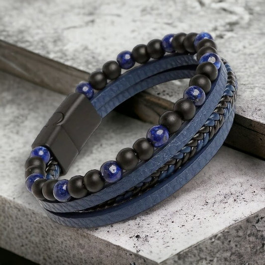 Multilayer armband met effen, een gevlochten en kralen bandje