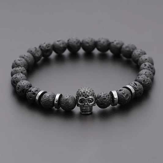 Elastische armband met lavasteen met stalen kralen en Skull