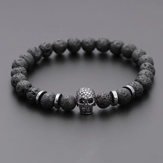 Elastische armband met lavasteen met stalen kralen en Skull