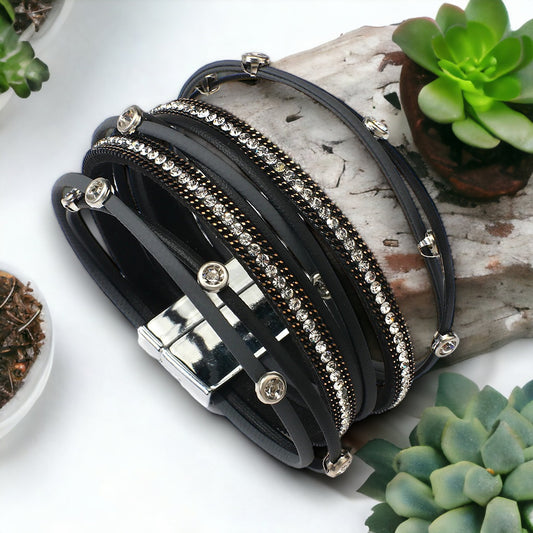 Multilayer lederen armband met strassteentjes