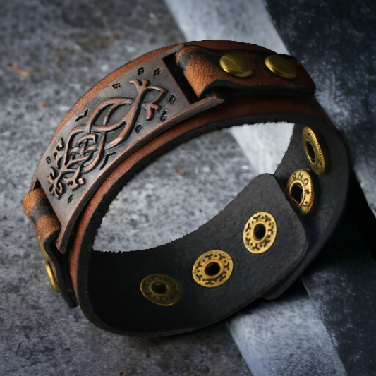 Bruine lederen unisex armband met koperen klinknagels en bronzen afdekplaatje