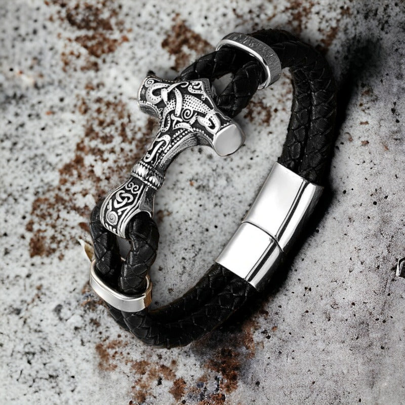 Lederen viking herenarmband Thor's hamer