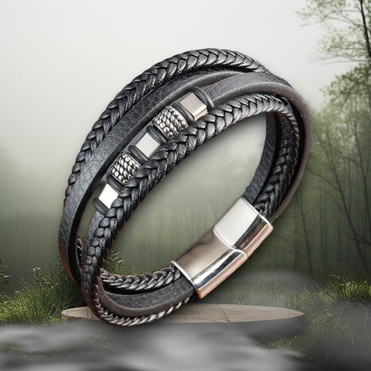 Multilayer herenarmband met 3 platte en 3 ronde stalen kralen