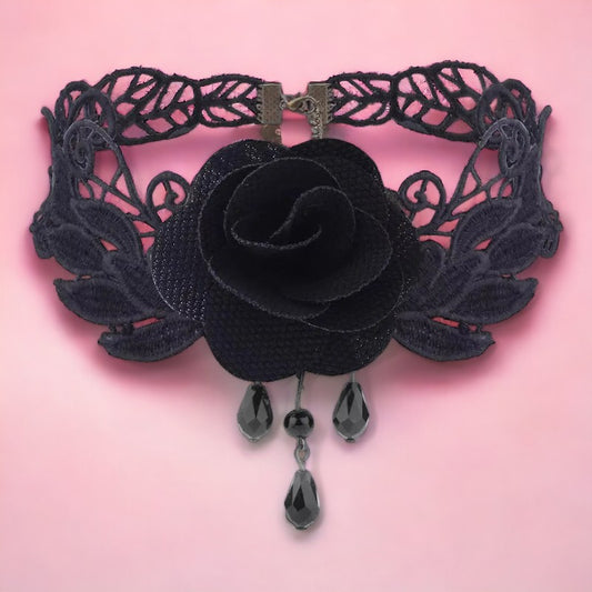 Zwarte kanten Gothic choker met roos