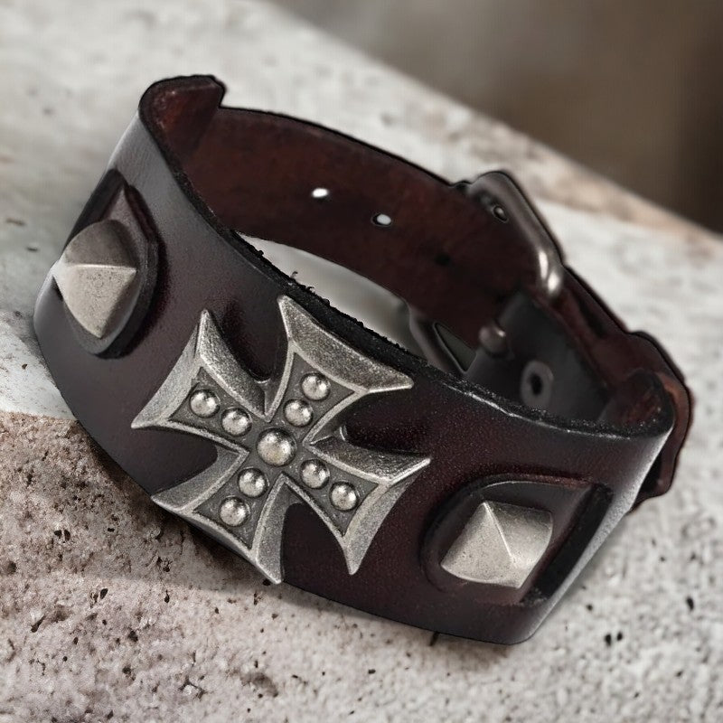 Lederen armband met Biker-kruis